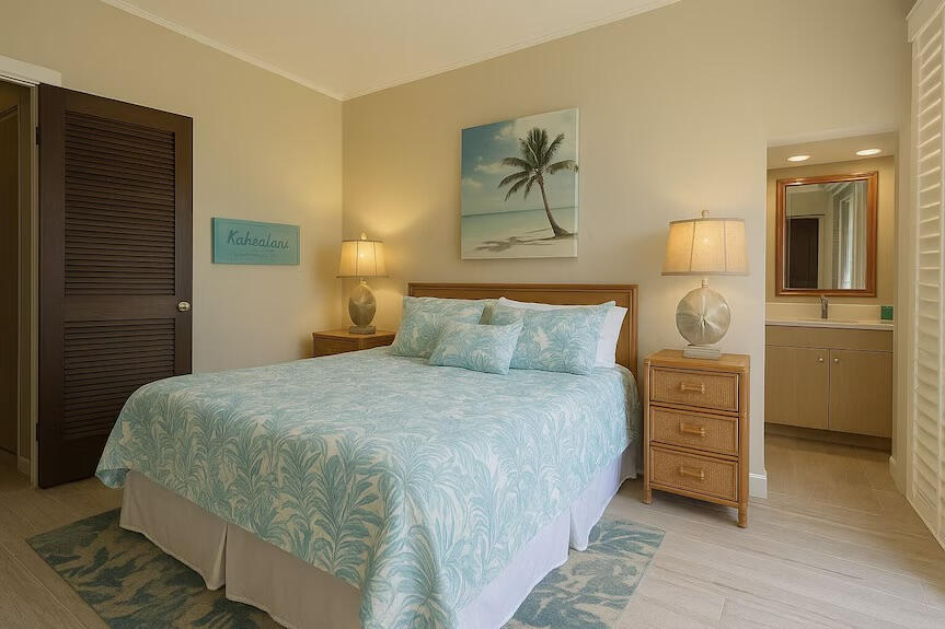 Spacious primary bedroom with a comfortable king bed and private lanai