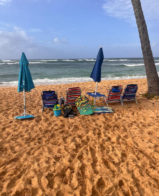 Boards, chairs, umbrella, sand toys, and beach essentials for your day in the sun